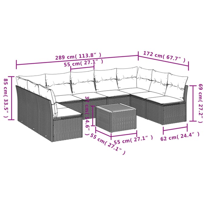 vidaXL - 10-delige - Loungeset - met - kussens - poly - rattan - grijs