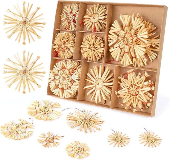 32 Stuks Stro Ster Kerstboomdecoraties - Natuurlijke Stro Versieringen voor Kerst - Diameter 6, 8 en 10 cm