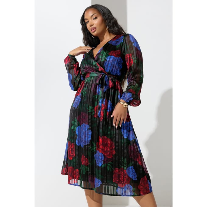 Yours London Zwarte Bloemen Metallic Wikkeljurk Size 48
