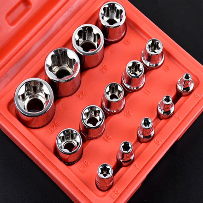 14-delige set vrouwelijke sterbitsockets 1/2   3/8   1/4   aandrijfsockets E4 -E24 met opbergdoos 14Pcs black