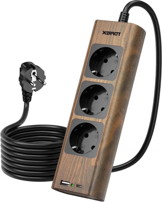 Stekkerdoos - Houtlook - 3-voudig - Met USB-C en USB-A - Voor Wandmontage