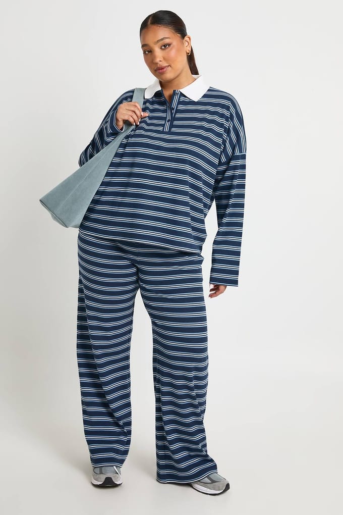 boohoo Dames Plus gestreepte top met kraag en knoopsluiting | Navy | Maat: 16