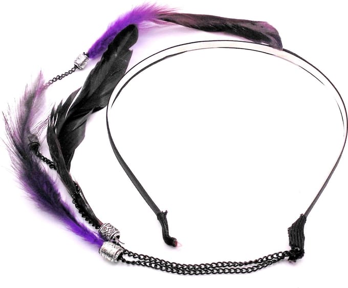 Festival/Ibiza diadeem met hanger 3 veren paars-zwart