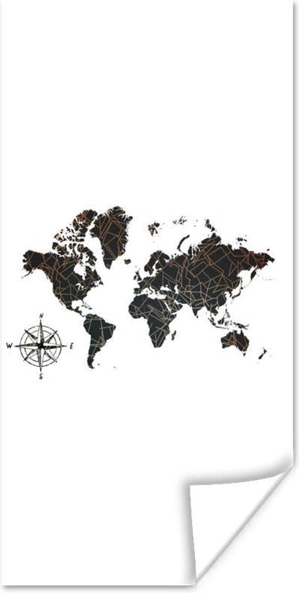Poster Wereldkaart - Goud - Zwart - Windroos - 60x120 cm