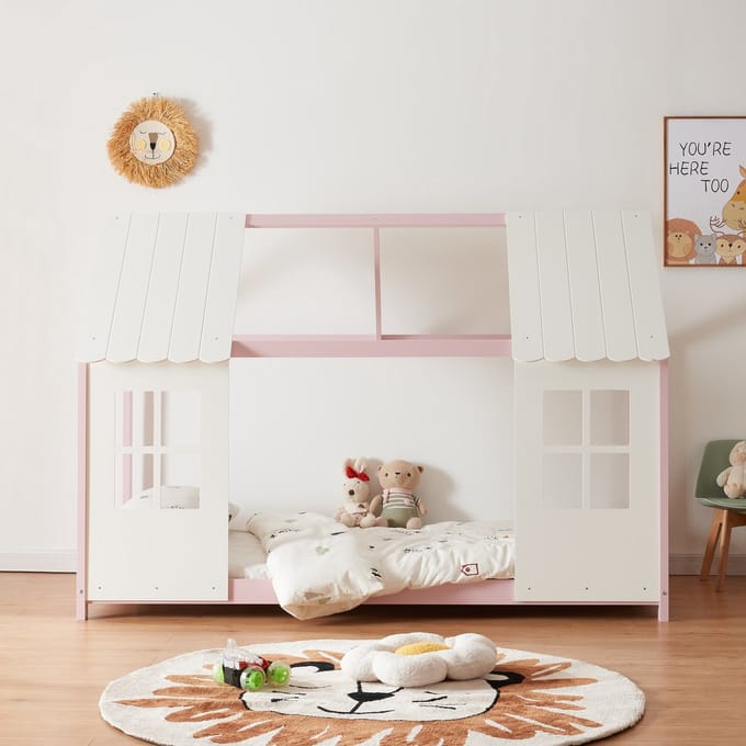 Kinderbed Tostedt huisbed grenen roze en wit 90x200 cm [en.casa]