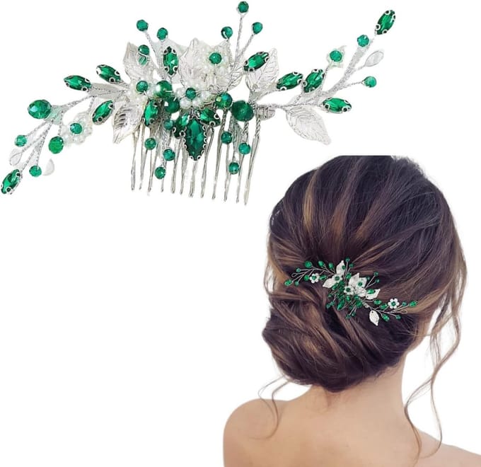 Bladvormige Haarkam met Parel en Kristal - Groen