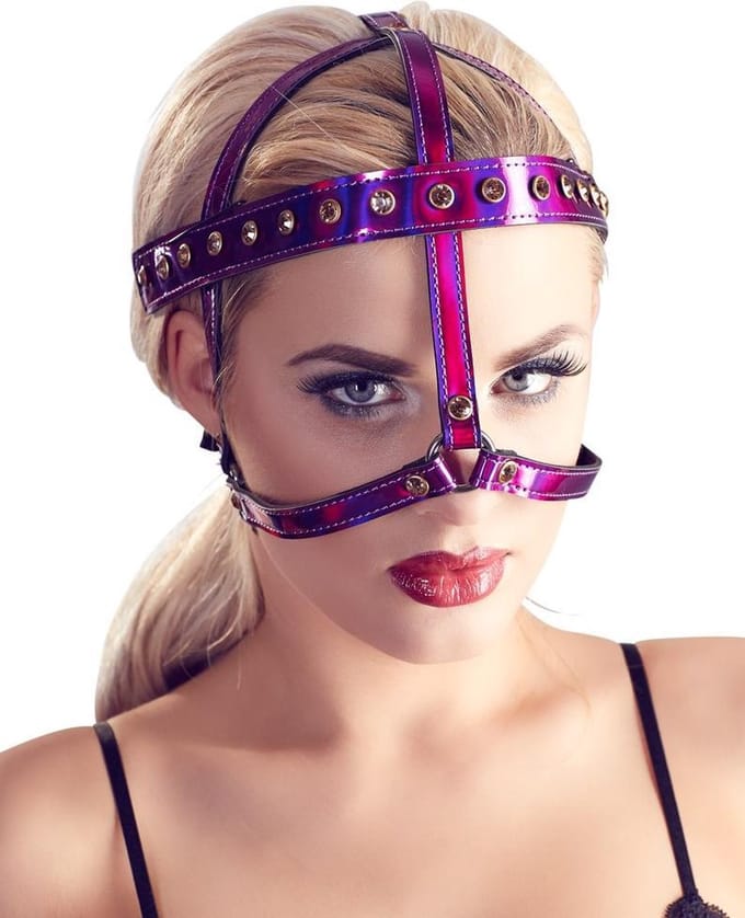 Bad Kitty – Bondage Hoofd Harnas Sprankelend met Gouden Klinknagels - Roze