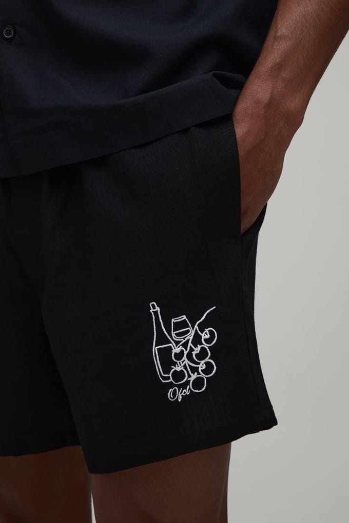 Relaxed Fit Linen Blend Boxer Style Embroidered Short | Black | Size Small