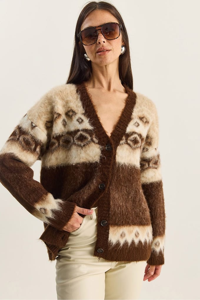 Dikke Etnische Patroon V-hals Cardigan met Knopen