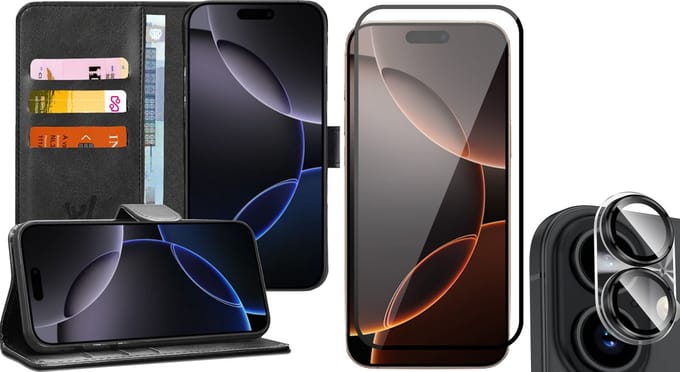 Hoesje geschikt voor iPhone 16 Plus - Screenprotector Volledig Dekkend Glas & Camera - Portemonnee Book Case Zwart