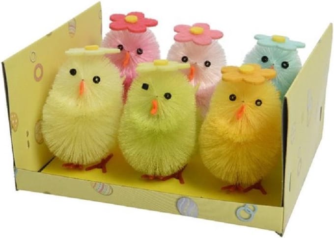 Decoris Paaskuikentjes 6x gekleurd - 6,5 cm hoog - met bloem - zijde-chenille