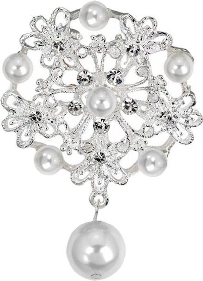 Fako Bijoux® - Broche - Bloem Met Parels Bianca - 45x65mm - Zilverkleurig