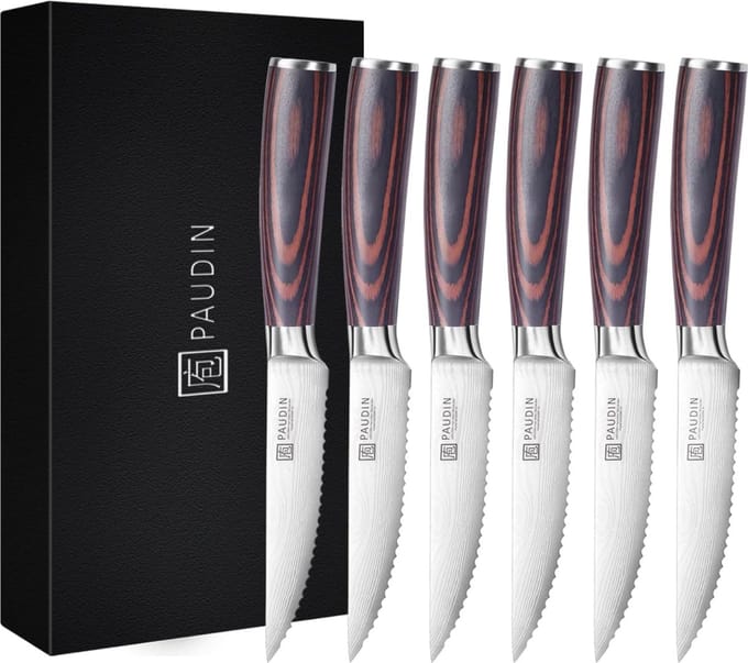 PAUDIN S3 - Steakmes - 6 Stuks - Steakmessen - Professionele messenset - Damascus Patroon