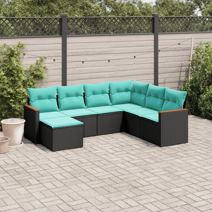vidaXL - 7-delige - tuinbankset - met - kussens - van - zwart - polyrotan