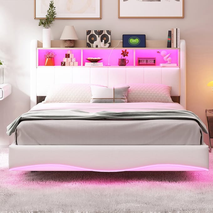 Volwassen bed Dubbel bed LED bed 140x200 cm multifunctioneel opbergbed met USB en TYPE-C interface Beige