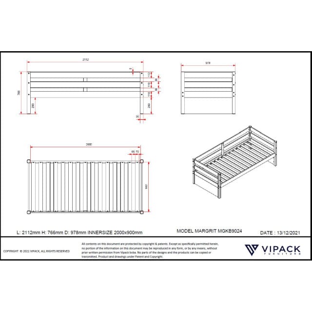 LUCEVI - Margrit Kajuitbed + Rolbed - Wit - 90x200 cm