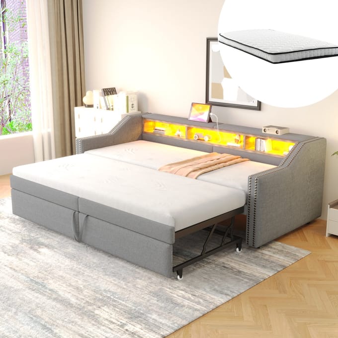 MODFU - Uitschuifbaar bedframe – 90/180x200 cm – Met 2 matrassen & USB – Lichtgrijs linnen