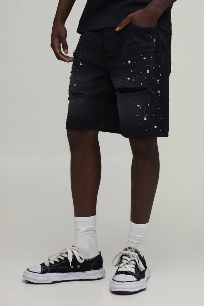 Relaxed Rhinestone Embellished Ripped Denim Shorts | Washed Black | Size 54