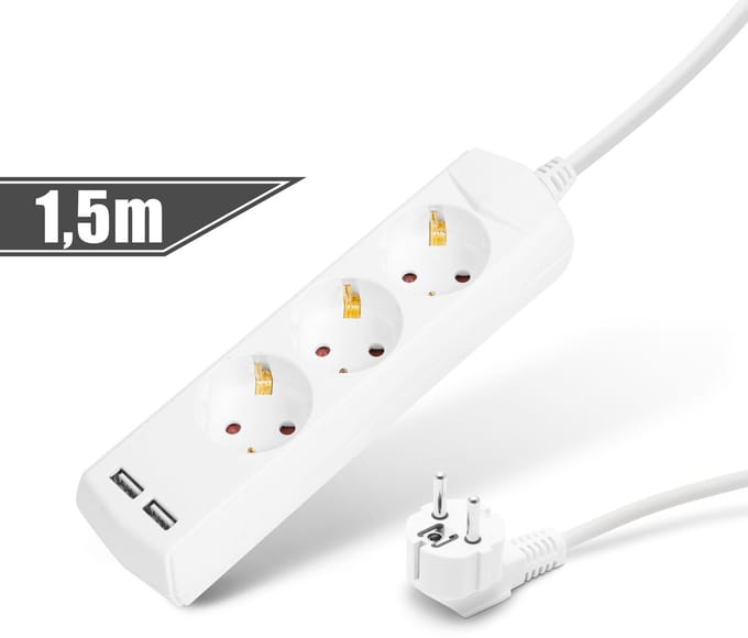 Stekkerdoos 3-voudig - 1,5 m - 2x USB (2,1A) - Kinderbeveiliging - 250V • 16A - Wit [20201U]