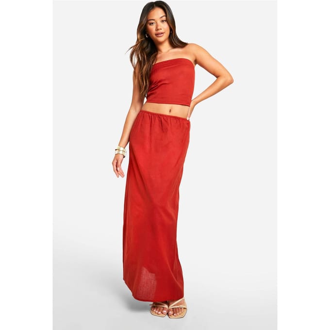 boohoo Dames Linnen Look Bandeau & Column Maxi Rok | Rood | Maat: 34