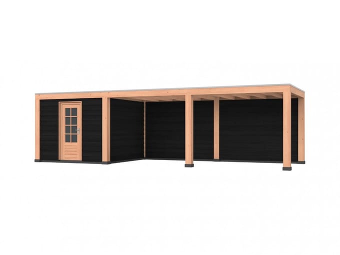 Douglas overkapping, 900 x 300, met achterwand en schuur, Westwood Modern Basic zwart