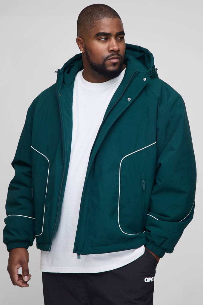 Plus Regular Fit Piping Detail Nylon Padded Parka Jacket | Forest | Size 2XL