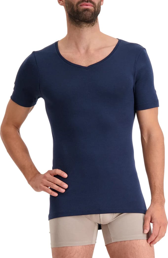 Noshirt Short Sleeve - Merino Wool - Heren Ondershirt - Regular V - Donkerblauw - Maat S