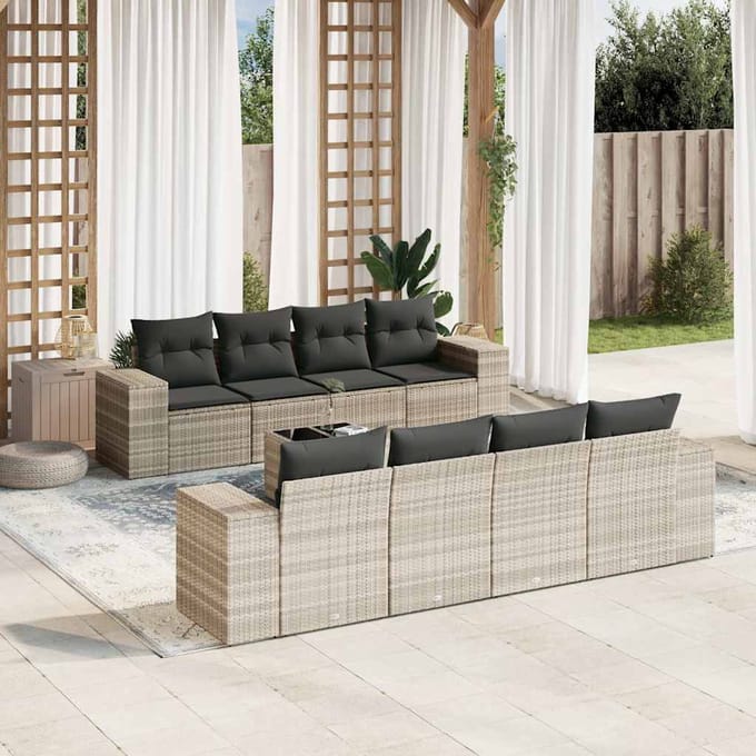 vidaXL - 9-delige - Loungeset - met - kussens - poly - rattan - lichtgrijs