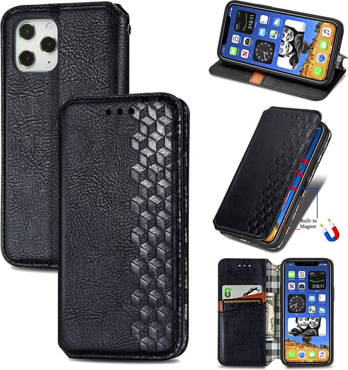 Luxe PU Lederen Ruitpatroon Wallet Case + Screenprotector voor iPhone 12 Pro Max _ Zwart