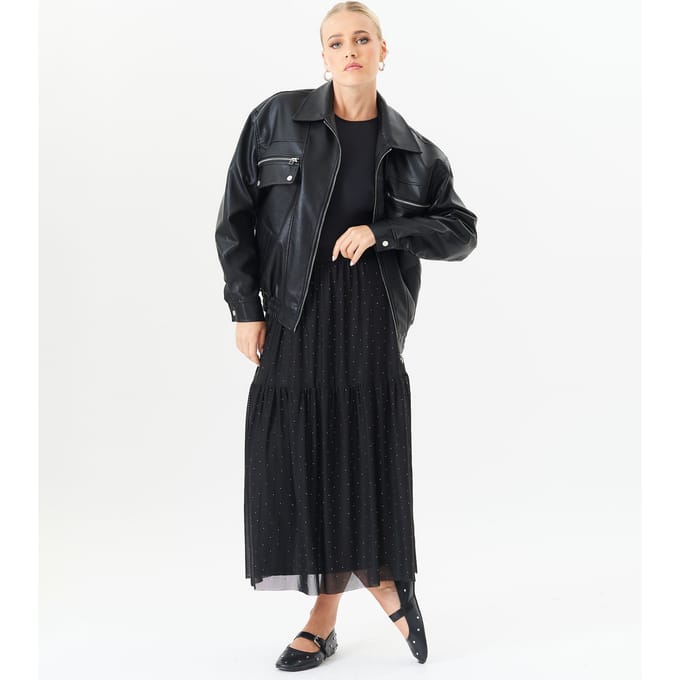 Zwarte maxi-rok van mesh met diamanten
