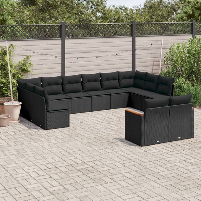 vidaXL - 12-delige - Loungeset - met - kussens - poly - rattan - zwart