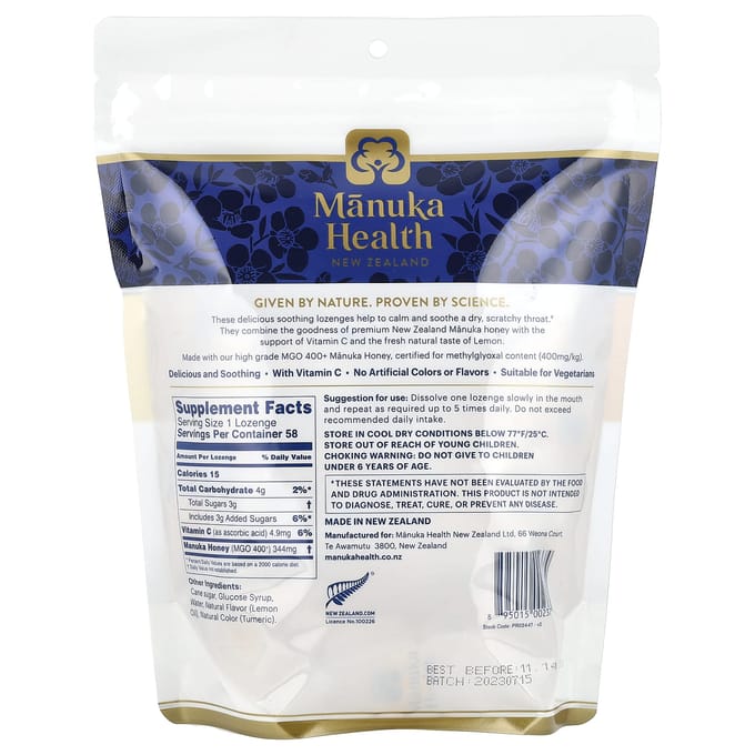 Manuka Honing Pastilles, Natuurlijke Citroensmaak, 58 Pastilles