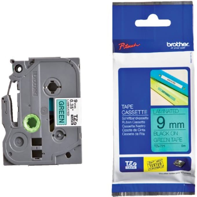 Labeltape Brother P-touch TZe-721 standaard 9mm zwart op groen