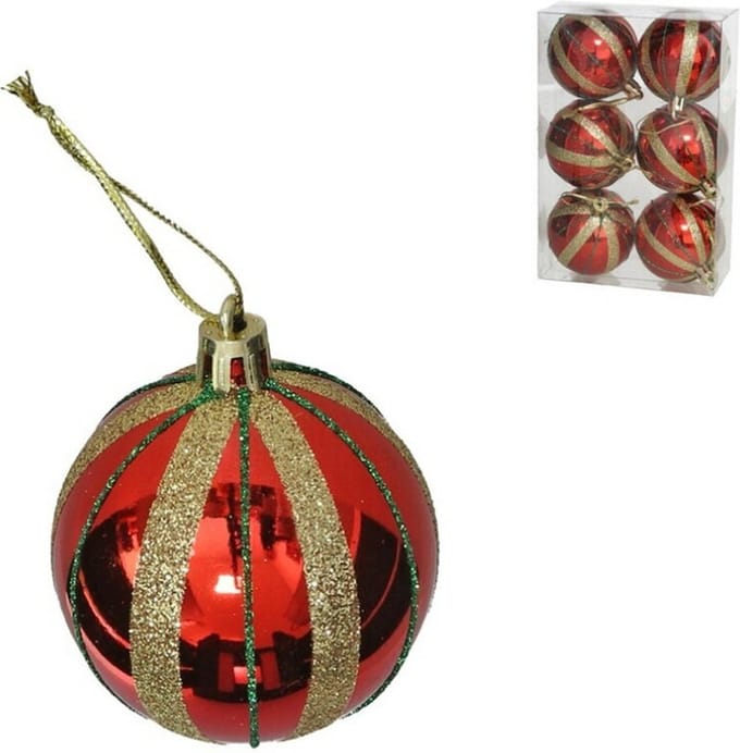 Gerimport Kerstballen gedecoreerd - 6x st - 6 cm - kunststof - rood/goud