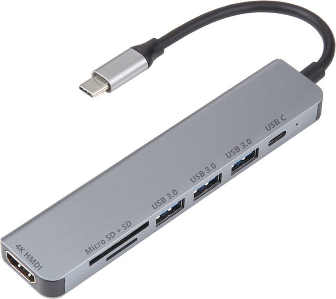 By Qubix - USB C Hub HDMI – 7in1 – Universeel - 1x 4k HDMI - 3x USB 3.0 - 2x kaartlezer - 1x USB C - Space gray