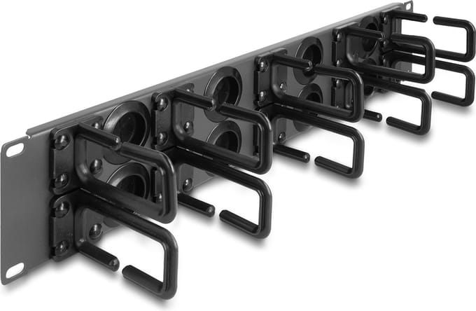 Delock 19″ Cable Management Routing Panel with 8 rubber cable entries and 10 hooks 2U black