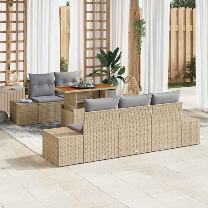 vidaXL Tuin Eettafel Set met kussen 6 pcs Beige en Grijs