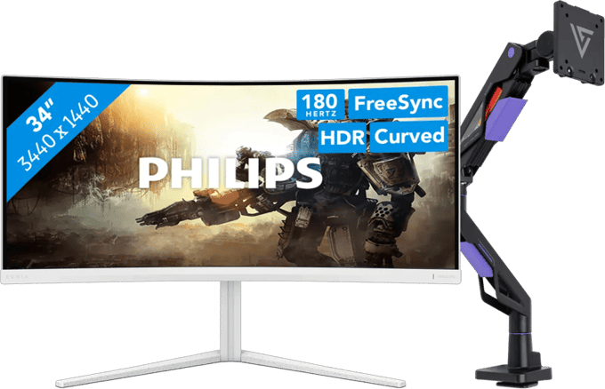 Philips Evnia 34M2C5501A/00 Curved + Vortech Monitorarm met