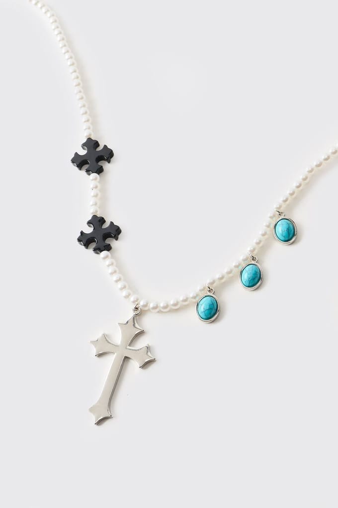 Faux Pearl Necklace with Black Cross and Teal Gemstones