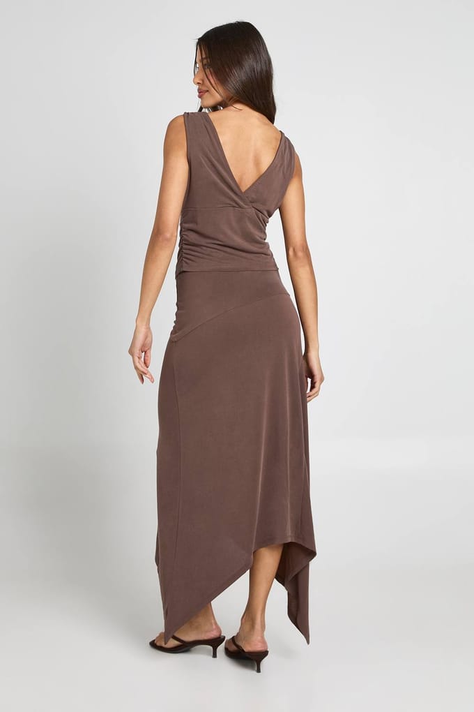 boohoo Dames Cupro Rok Met Zakdoekzoom Midaxi Lengte | Chocoladebruin | Maat: 36