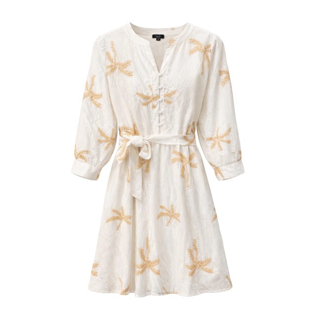 Smashed Lemon Crème jurk met goudkleurige palmprint en ceintuur |