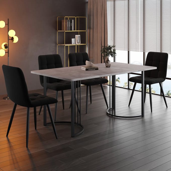 MODFU - 5-Delige Eethoek - Eettafel Met 4 Stoelen - Marmerlook - Modern - MDF - Grijs - 140 x 80 cm
