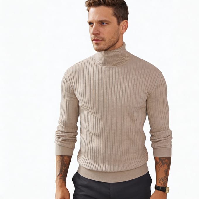 Aansluitende Coltrui Heren - Beige - Trui - Sweater - Wit - Maat L