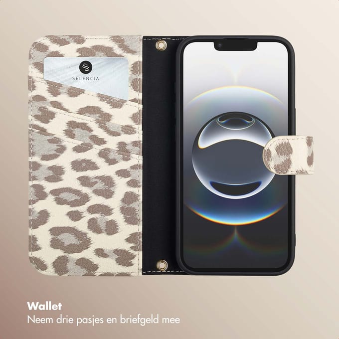 Selencia Hoesje - Geschikt voor Apple iPhone 17e / 16e - Sabi Bookcase met panterprint - Soft Ivory