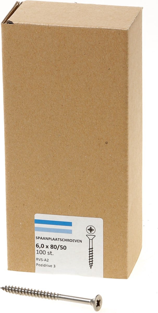 Hoenderdaal Spaanplaatschroef RVS platverzonken kop PZ3 deeldraad 6.0X80/50 (per 100 stuks)