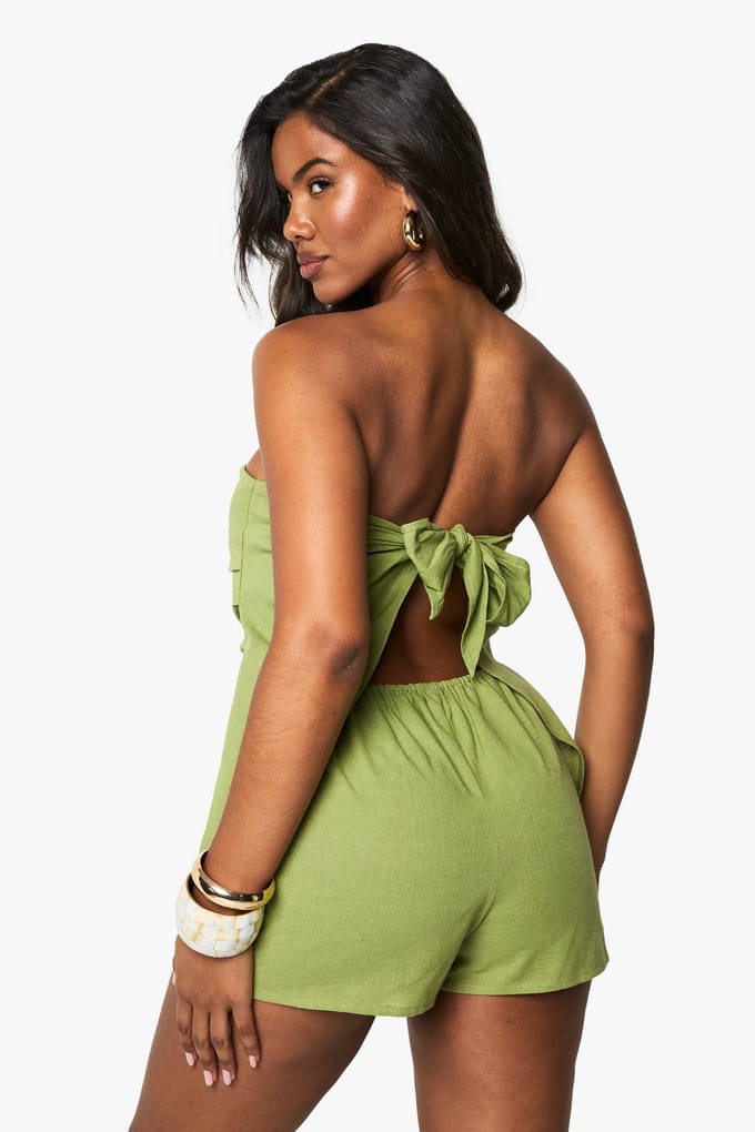 boohoo Dames Linnen ruched bandeau skort playsuit | Olijf | Maat: 36