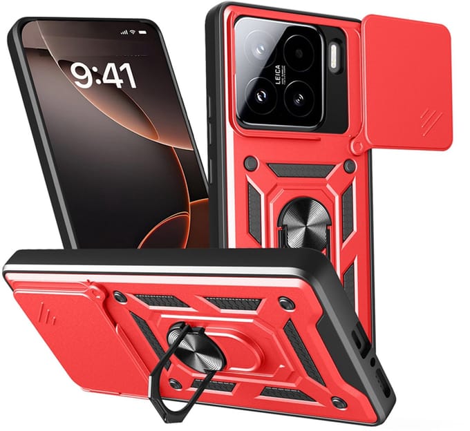 MobyDefend Hoesje - Geschikt voor Xiaomi 15 - Pantsercase Met Draaibare Ring - Rood