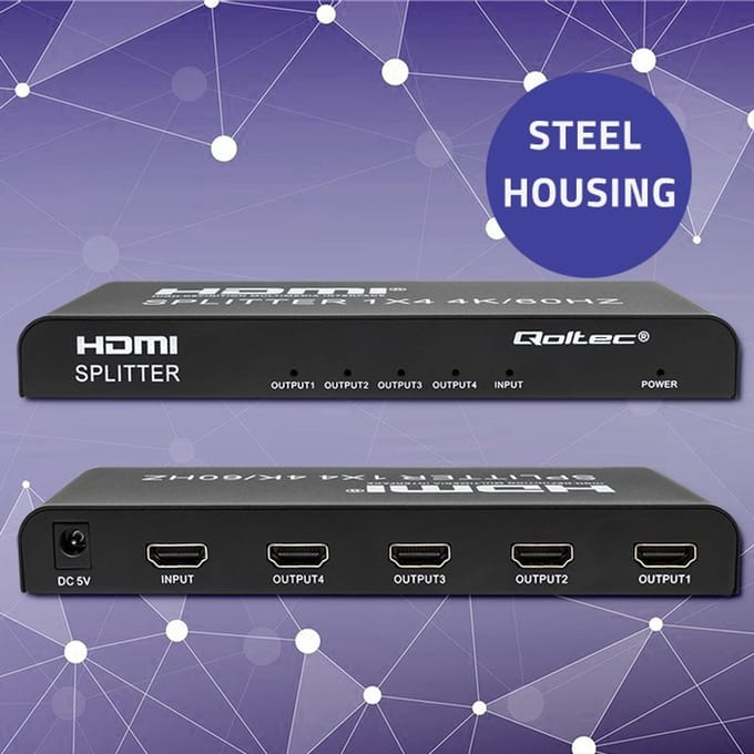 Qoltec Actieve Splitter 4 X HDMI 4K x 2K |   6 Gb/s |   60Hz |   Hoge stabiliteit