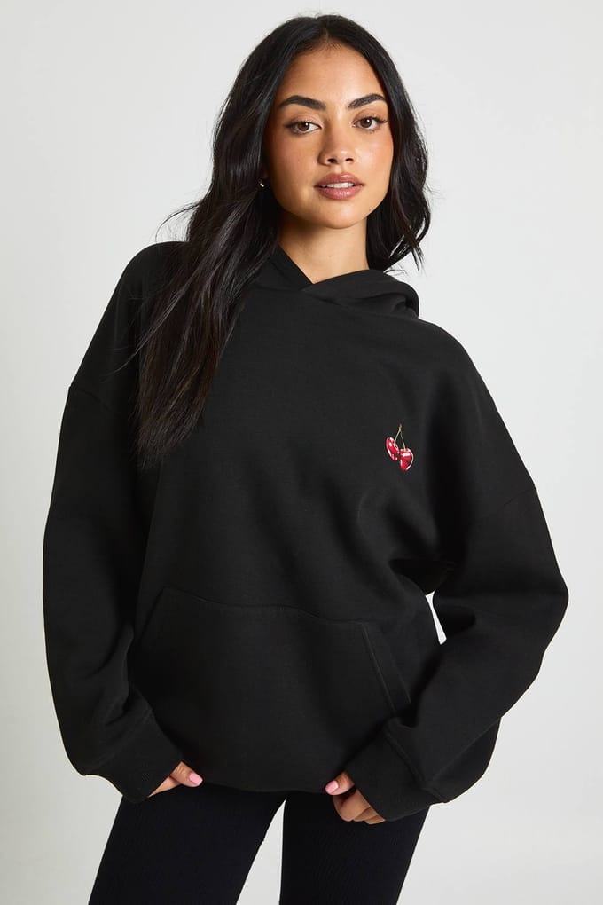 boohoo Dames Oversized hoodie met kersenprint | Zwart | Maat: Medium