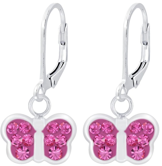 Joy|S - Zilveren vlinder oorbellen - roze kristal - brisure / leverback sluiting - sterling zilver 925